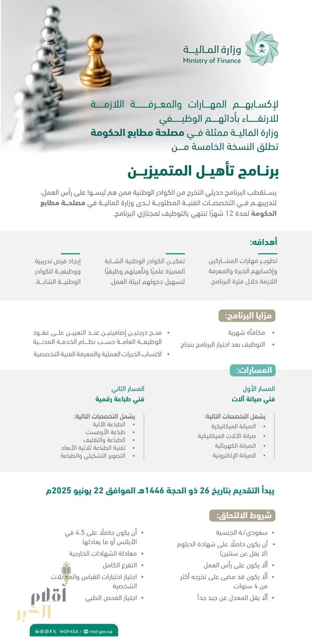 وزارة المالية ممثلة في مصلحة مطابع الحكومة تطلق النسخة الخامسة من برنامج تأهيل المتميزين
