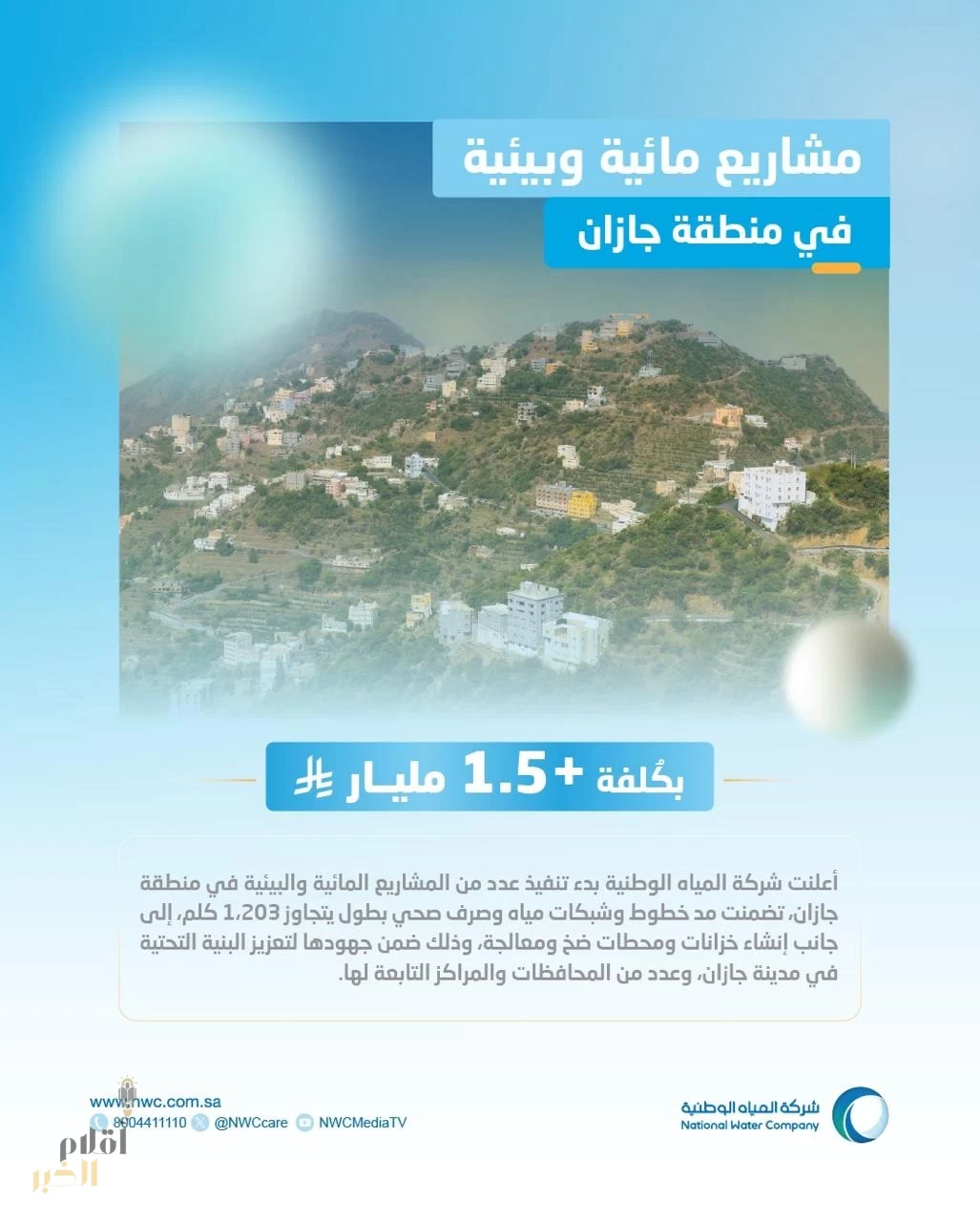 المياه الوطنية: بدأنا تنفيذ 19 مشروعًا مائيًا وبيئيًا في جازان بكلفة تتجاوز 1.5 مليار ريال