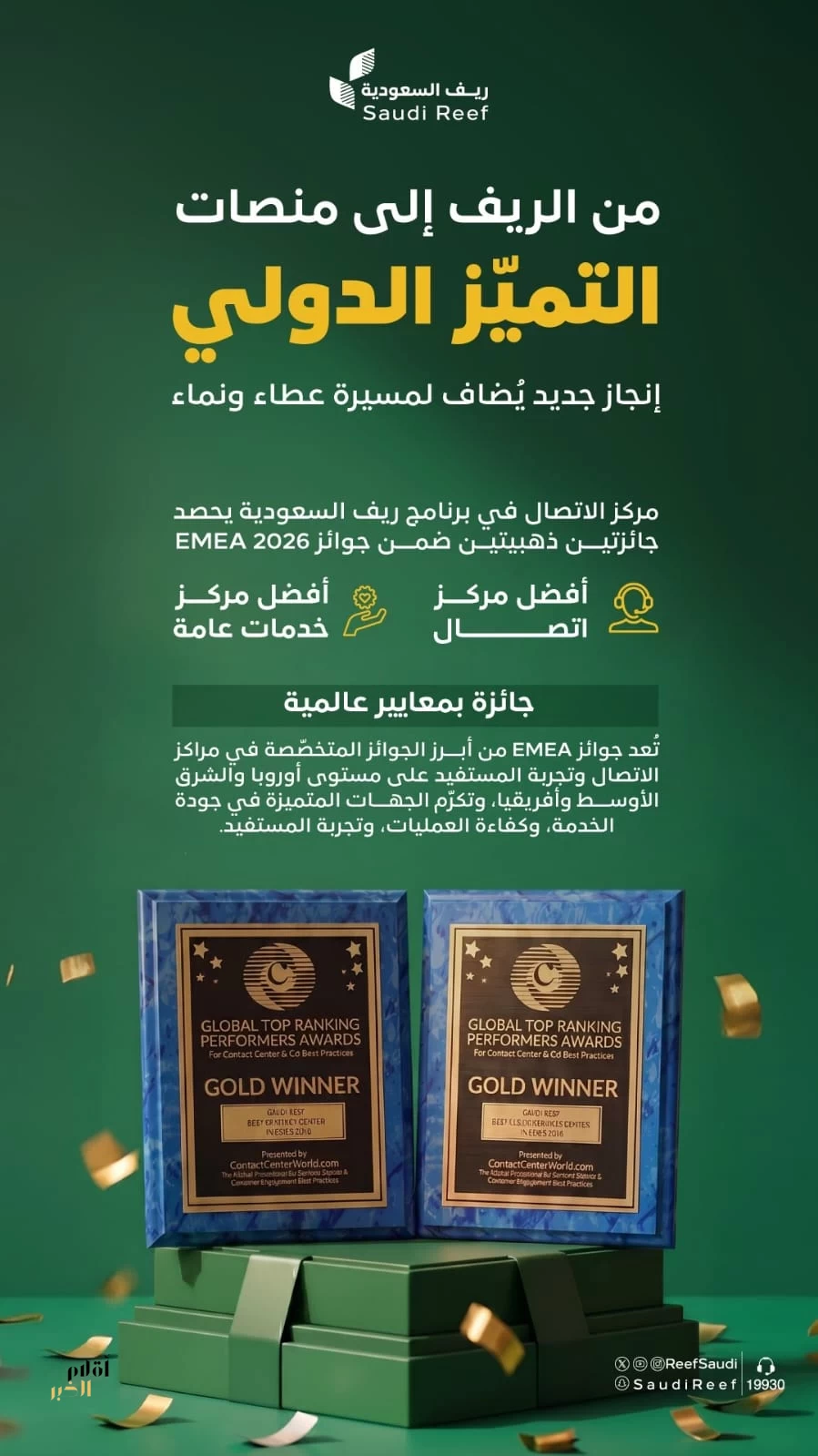 "ريف السعودية" يحصد جائزتين ذهبيتين في جوائز EMEA 2026 لأفضل مراكز الاتصال