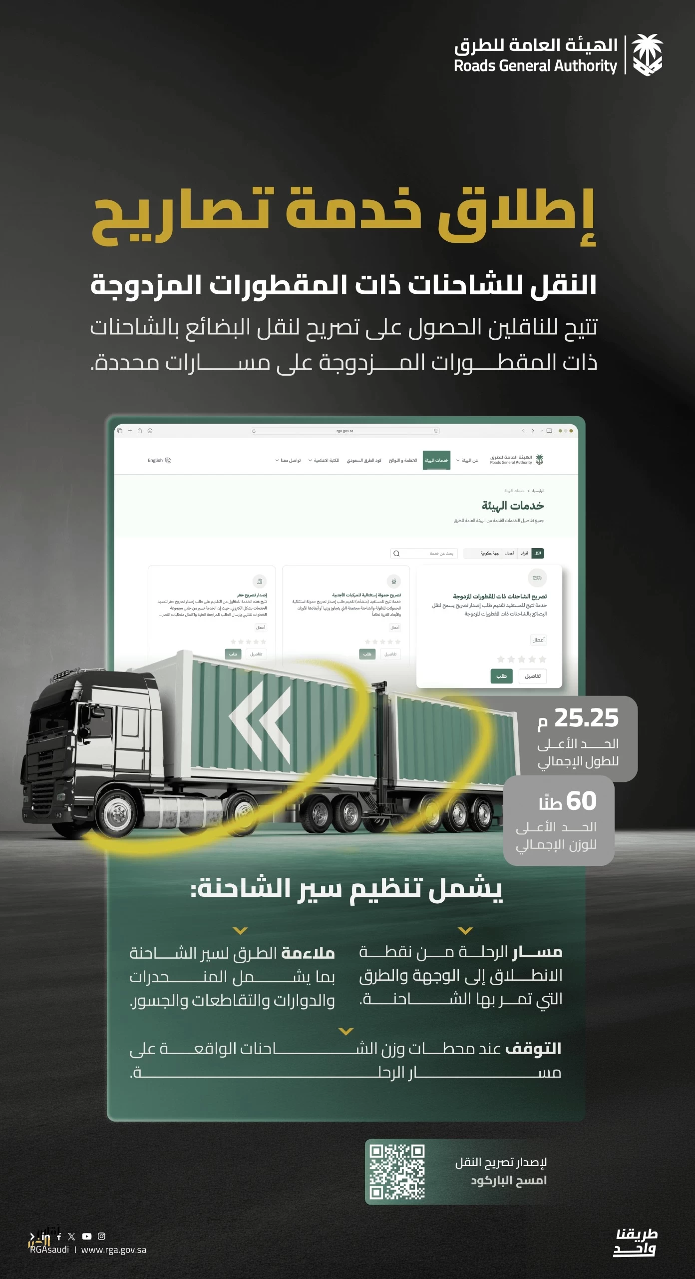 "هيئة الطرق" تطلق خدمة إصدار تصاريح نقل الشاحنات ذات المقطورات المزدوجة خارج النطاق العمراني