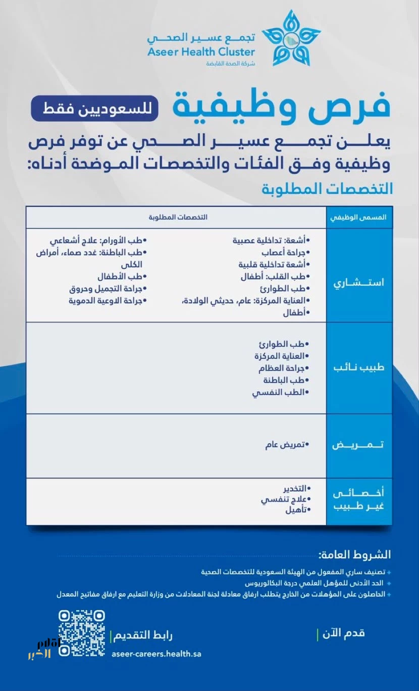 تجمع عسير الصحي يعلن عن وظائف شاغرة للسعوديين في تخصصات طبية وصحية متعددة