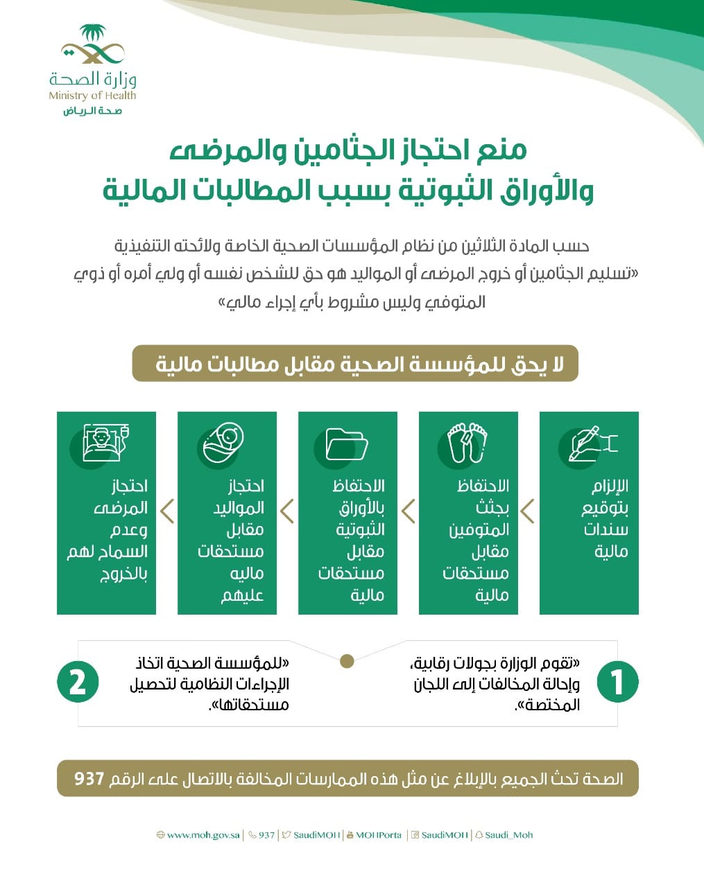 صحة الرياض: لا يحق احتجاز الجثامين والمرضي بسبب المطالبات المالية