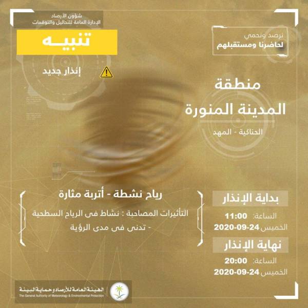 "الأرصاد": رياح نشطة وأتربة مثارة على منطقة المدينة المنورة