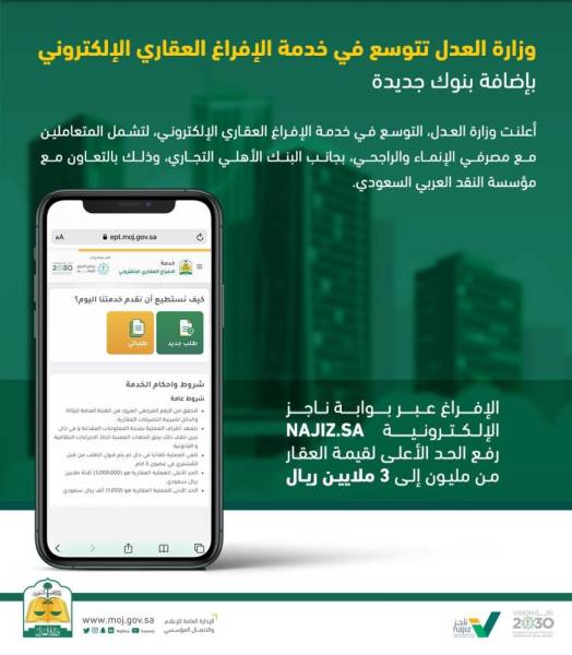 "العدل" تتوسع في "الإفراغ العقاري الإلكتروني" وتتيح الخدمة عبر بنوك إضافية