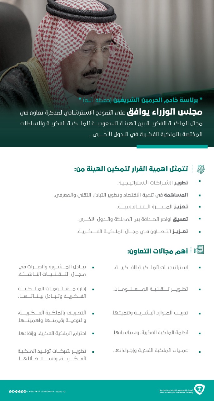 مجلس الوزراء يوافق على النموذج الاسترشادي لمذكرة تعاون في مجال الملكية الفكرية