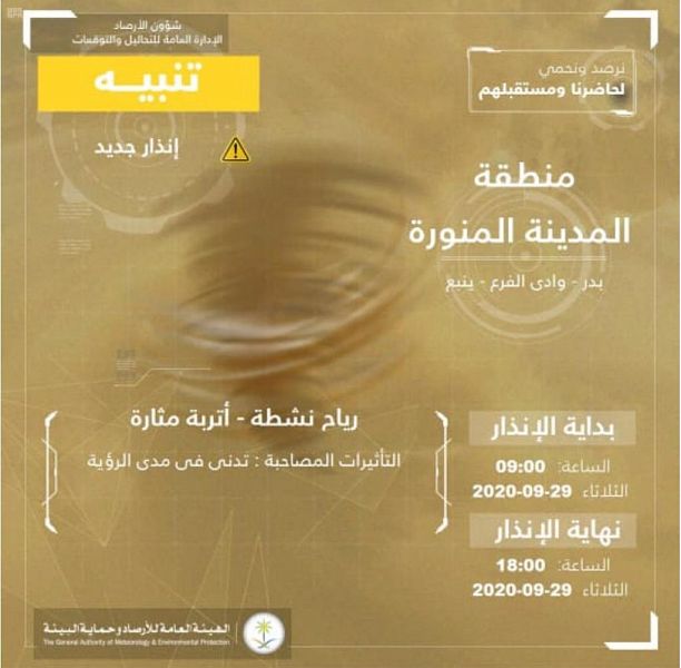"الأرصاد" : رياح نشطة وأتربة مثارة على منطقة المدينة المنورة