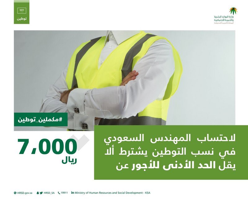 "الموارد البشرية": الحد الأدنى لأجور المهندسين السعوديين بالقطاع الخاص.. 7 آلاف ريال