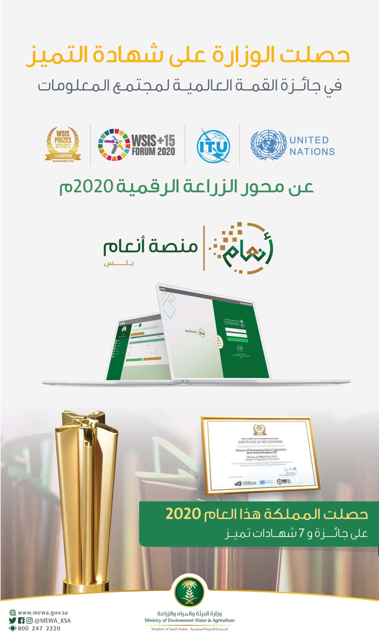 "البيئة" تحصل على شهادة التميّز بمنتدى القمة العالمية لمجتمع المعلومات 2020