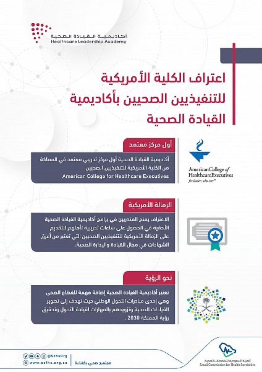 هيئة التخصصات الصحية تُعلن حصول أكاديمية القيادة على اعتراف الكلية الأمريكية للتنفيذيين الصحيين