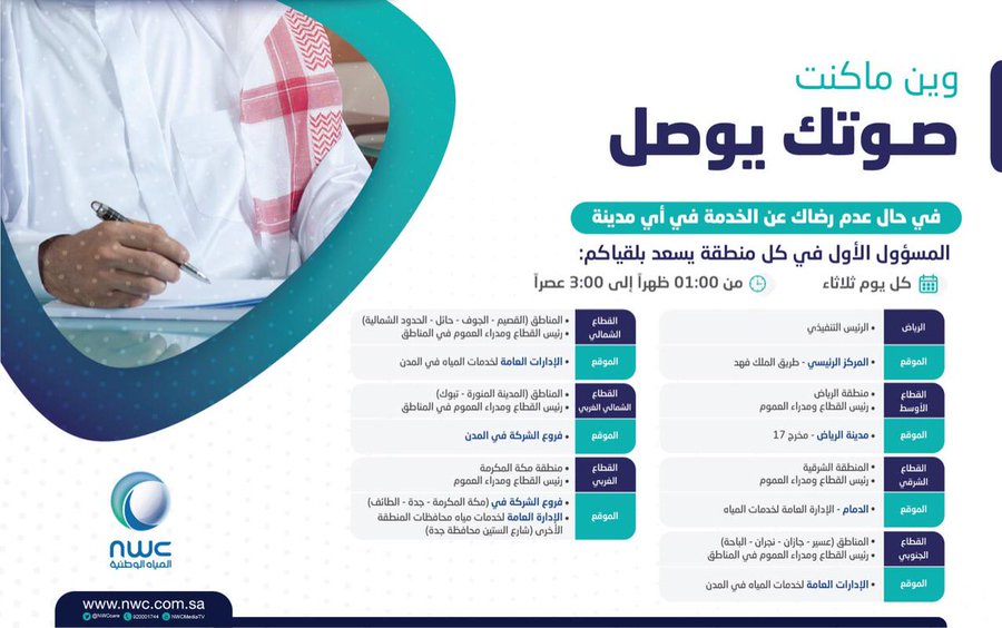 المياه الوطنية تجدول موعد استقبال عملائها مع المسئولين كل يوم ثلاثاء في مناطق المملكة اعتباراً من يوم غدٍ
