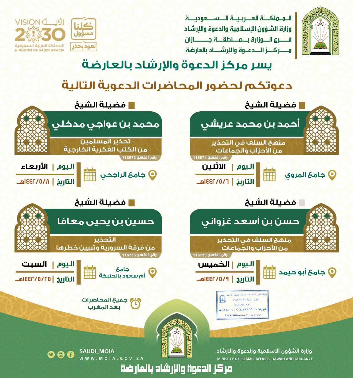 الشؤون الإسلامية تُنفذ محاضرات في التحذير من الأحزاب والجماعات بعارضة جازان