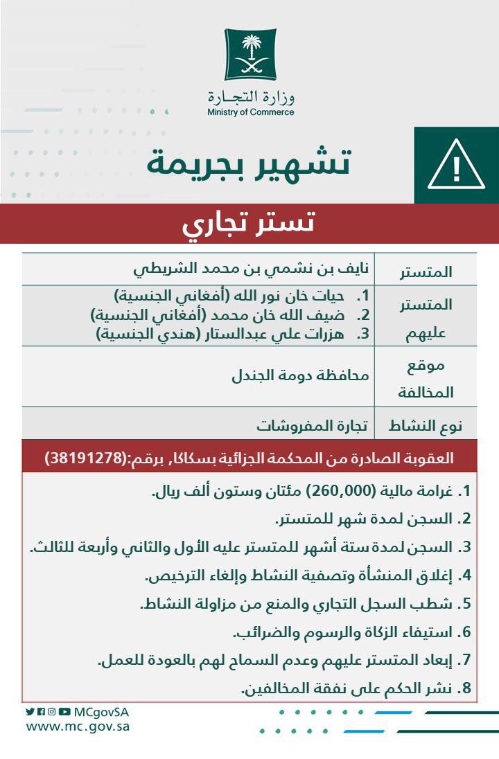 "التجارة"تشهِّر بمواطن تستر على مقيمين يزاولون نشاط بيع المفروشات