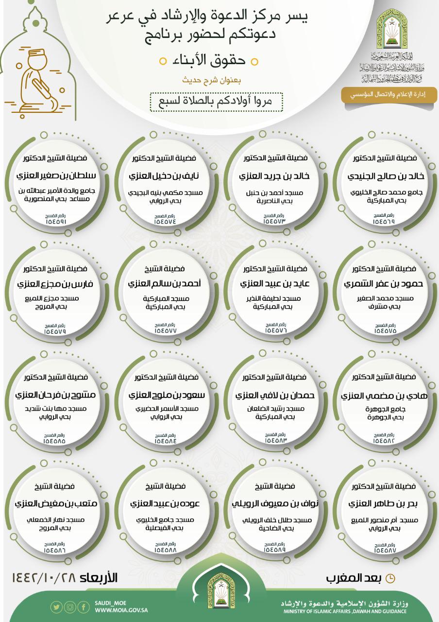 الشؤون الإسلامية بالحدود الشمالية تنفذ برنامج حقوق الأبناء بـ16 كلمة دعوية ..الأربعاء