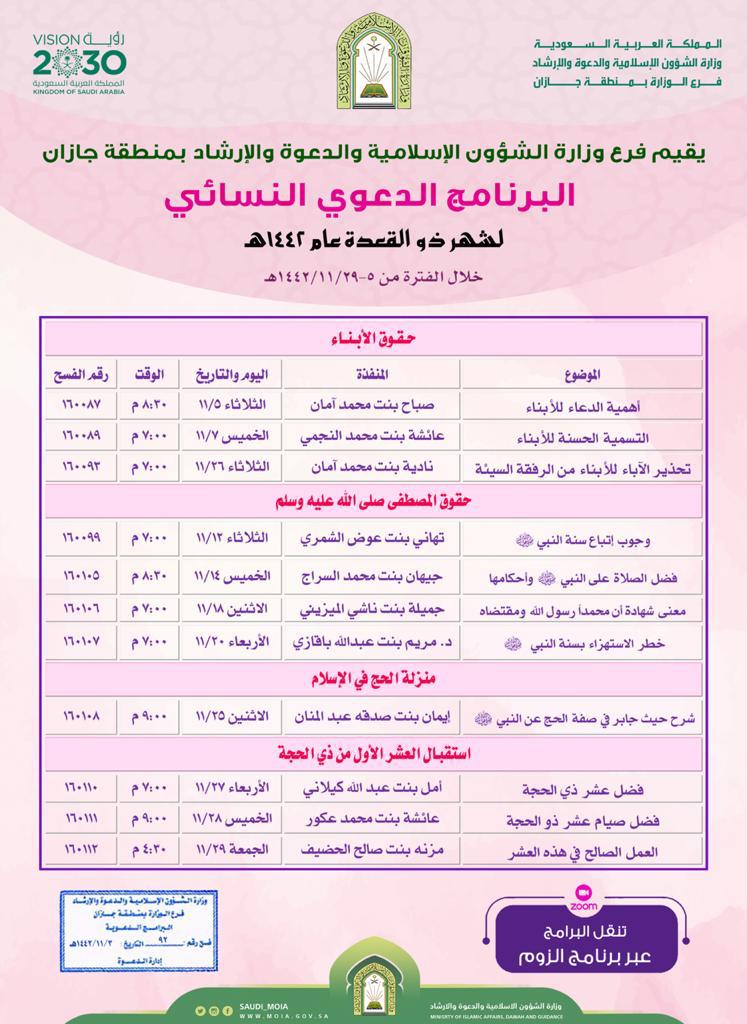 الشؤون الإسلامية بجازان تقيم برنامجاً دعوياً نسائي لشهر ذو القعدة لعام ١٤٤٢هـ حول حقوق الأبناء