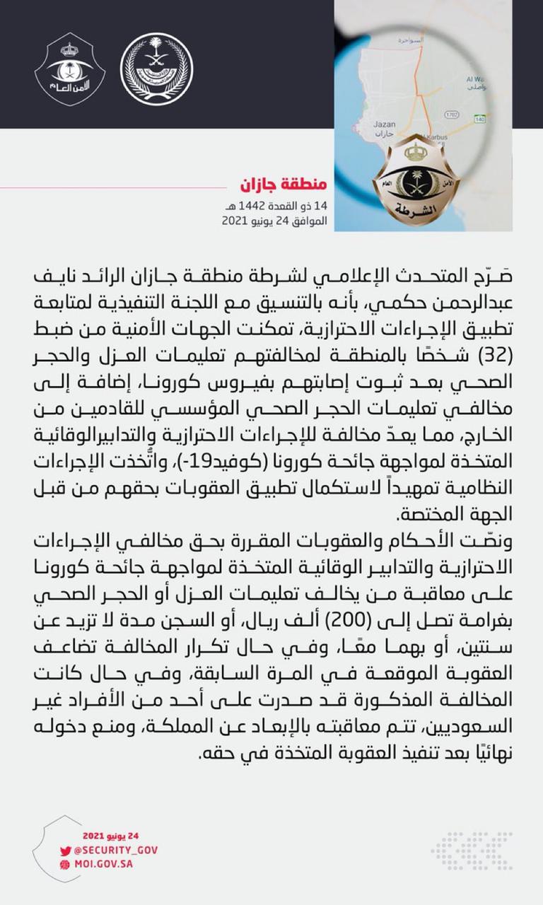 شرطة منطقة جازان: ضبط (32) شخصًا خالفوا تعليمات العزل والحجر الصحي
