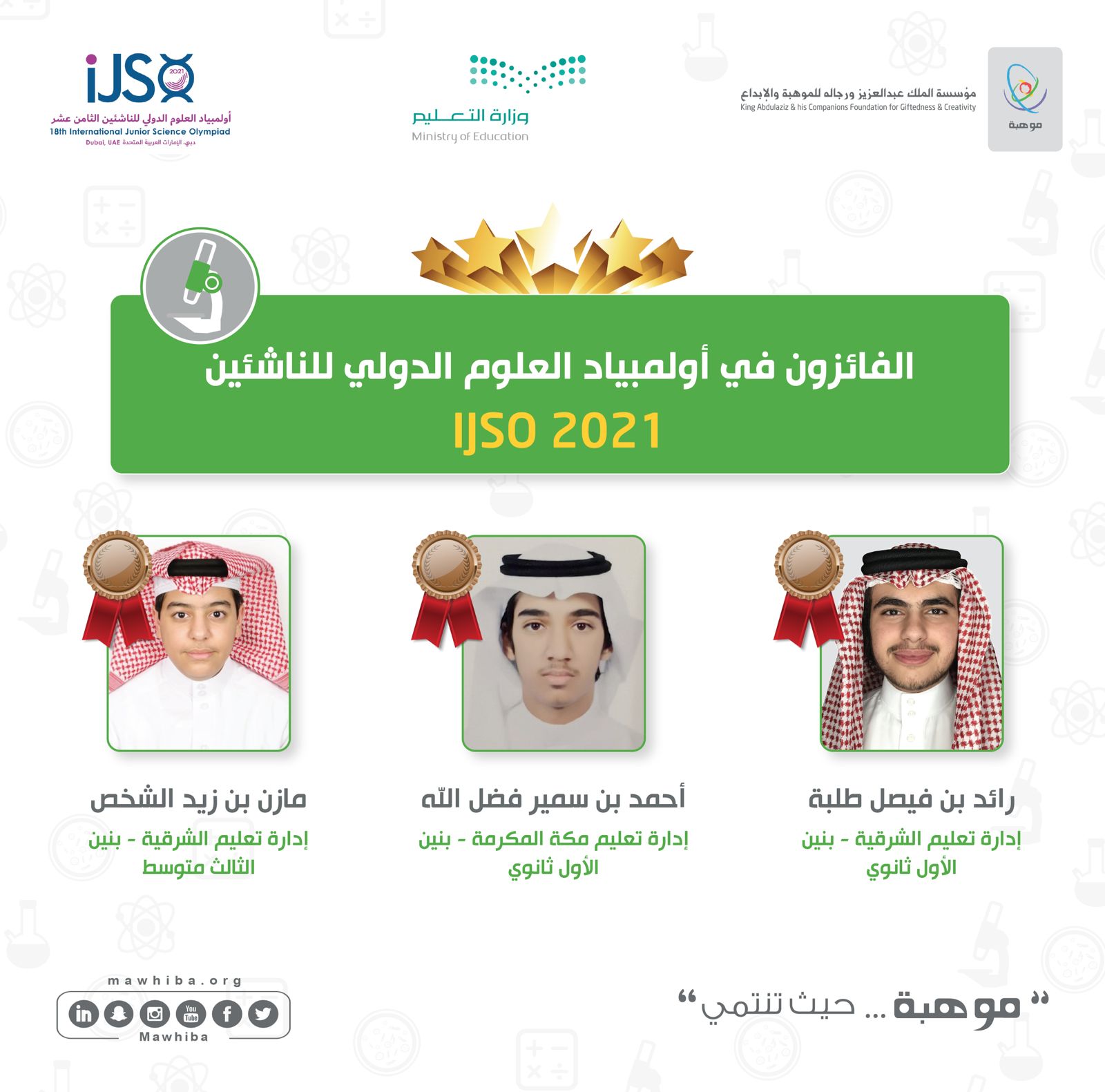 طلاب المملكة يحصدون 3 جوائز دولية في أولمبياد العلوم الدولي للناشئين 2021