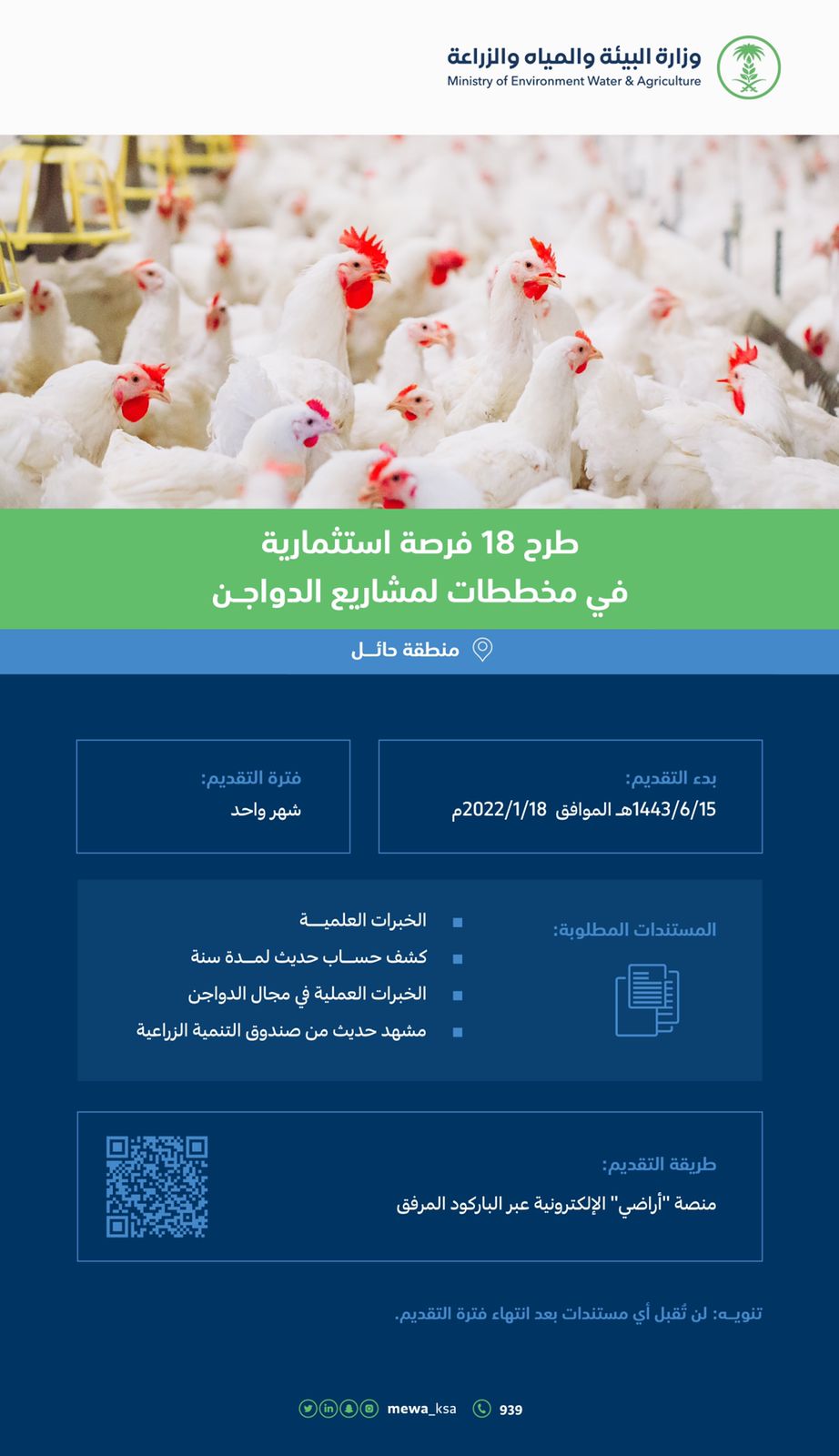 "البيئة" تطرح 18 فرصة استثمارية لمشاريع الدواجن في حائل