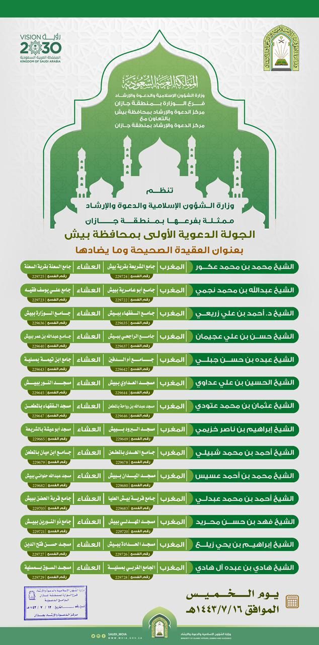 إسلامية جازان تنظم الجولة الدعوية الأولى في أكثر من " 25 "جامع ومسجد بمحافظة بيش